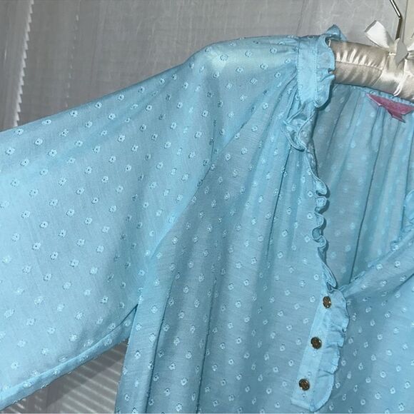Lilly Pulitzer L Elsa Light Blue Swiss Polka Dot Long Sleeve 3 Button Ruffle Top - Picture 7 of 12